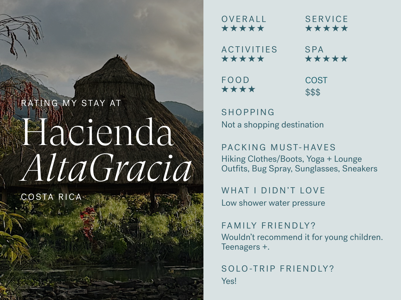 Nancy Twine's rating of her stay at Hacienda AltaGracia while traveling solo in Costa Rica 