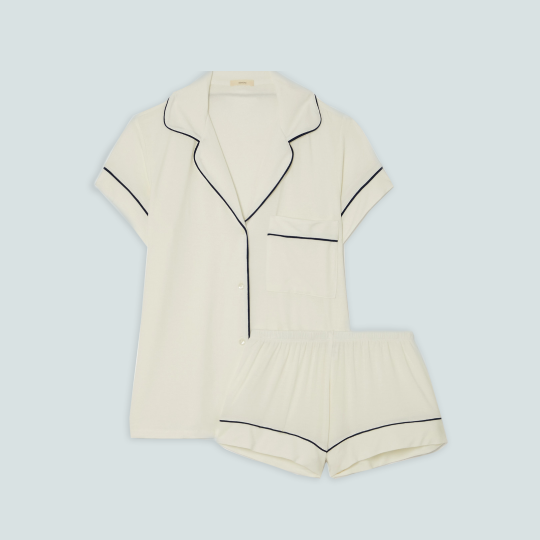 Cream and black Eberjey tencel top and shorts pajamas - used during Nancy's nighttime routine