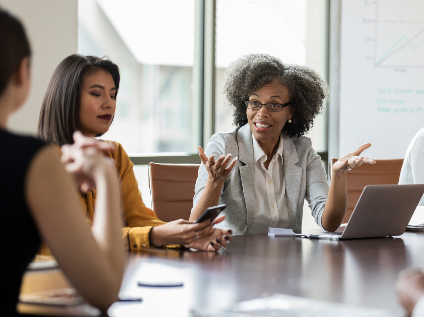 A group of women, who are part of the board of directors, seated around a conference room table for an advisory board meeting, where they are engaged in corporate governance discussions that foster business growth.